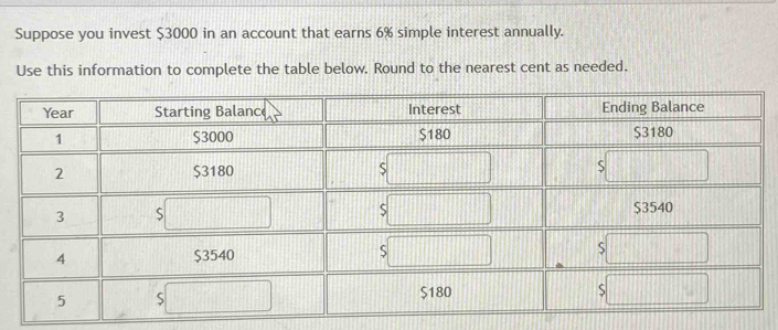 Suppose you invest $3000 in an account that earns 6% simple interest annually. 
Use this information to complete the table below. Round to the nearest cent as needed.