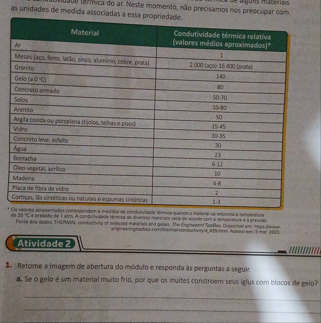 a  de alguns matériais
uade termica do ar. Neste momento, não precisamos nos preocupar com
as unidades de medida associ
material se encontra à temperatura
de 25°C e pressão de 1 atm. A condutividade térmica de diversos materiais varia de acordo com a temperatura e a pressão.
Fonte dos dados; THERMAL conductivity of selected materials and gases. The Engineerinf ToolBox. Disponível em: https://www.
engineeringtoolbox.com/thermal-conductivity-d_429 html. Acesso em. 3 mar 2023
Atividade 2
1 Retome a imagem de abertura do módulo e responda às perguntas a seguir.
a. Se o gelo é um material muito frio, por que os inuítes constroem seus iglus com blocos de gelo?
_
_