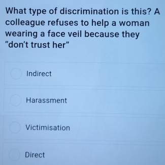 Solved: What type of discrimination is this? A colleague refuses to ...