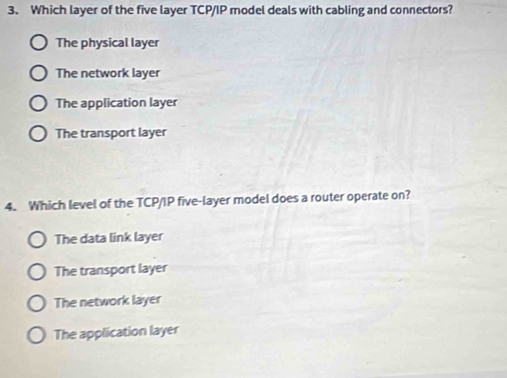 Solved: Which layer of the five layer TCP/IP model deals with cabling ...
