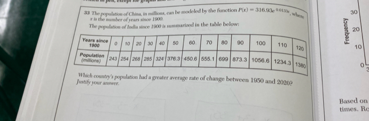 The population of China, in millions, can be modeled by the function P(x)=316.93e^(0.0133x) , where
x is the number of years since 1900. 
The population of India since 1900 is summarized in the table below: