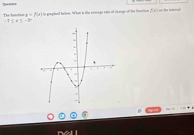 Question 
The function y=f(x) is graphed below. What is the average rate of change of the function f(x) on the interval
-7≤ x≤ -2
Sign out Dec 12 1.20