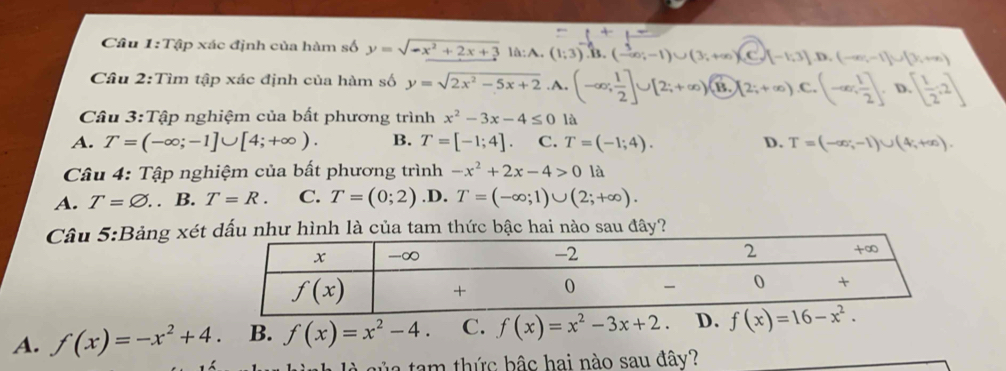 Cầu 1:Tập xác định của hàm số y=sqrt(-x^2+2x+3) là:A. (1;3) B. (-∈fty ;-1endpmatrix ∪ (3;+∈fty )(C,-+∈fty )(C,1),(-∈fty ,-1)∪ (3,+∈fty )
Cầu 2:Tìm tập xác định của hàm số y=sqrt(2x^2-5x+2) .A. (-∈fty ; 1/2 ]∪ [2;+∈fty ) B (2;+∈fty ).C.(-∈fty , 1/2 ]. D.[ 1/2 ,2] _ 
Câu 3:Tập nghiệm của bất phương trình x^2-3x-4≤ 0 là
A. T=(-∈fty ;-1]∪ [4;+∈fty ). B. T=[-1;4]. C. T=(-1;4). D. T=(-∈fty ,-1)∪ (4,+∈fty ).
Câu 4: Tập nghiệm của bất phương trình -x^2+2x-4>0 là
A. T=varnothing .. B. T=R. C. T=(0;2) .D. T=(-∈fty ;1)∪ (2;+∈fty ).
Câu 5:Bảng xét dấu như hình là của tam thức bậc hai nào sau đây?
A. f(x)=-x^2+4 B. f(x)=x^2-4. C. f(x)=x^2-3x+2. D. f(x)=16-x^2.
t a tam thức bậc hai nào sau đây?