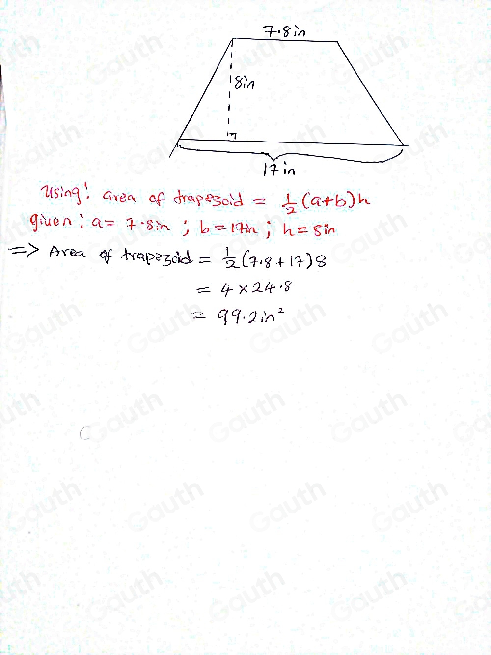 Solved: What is the area, in square inches, of the isosceles trapezoid ...