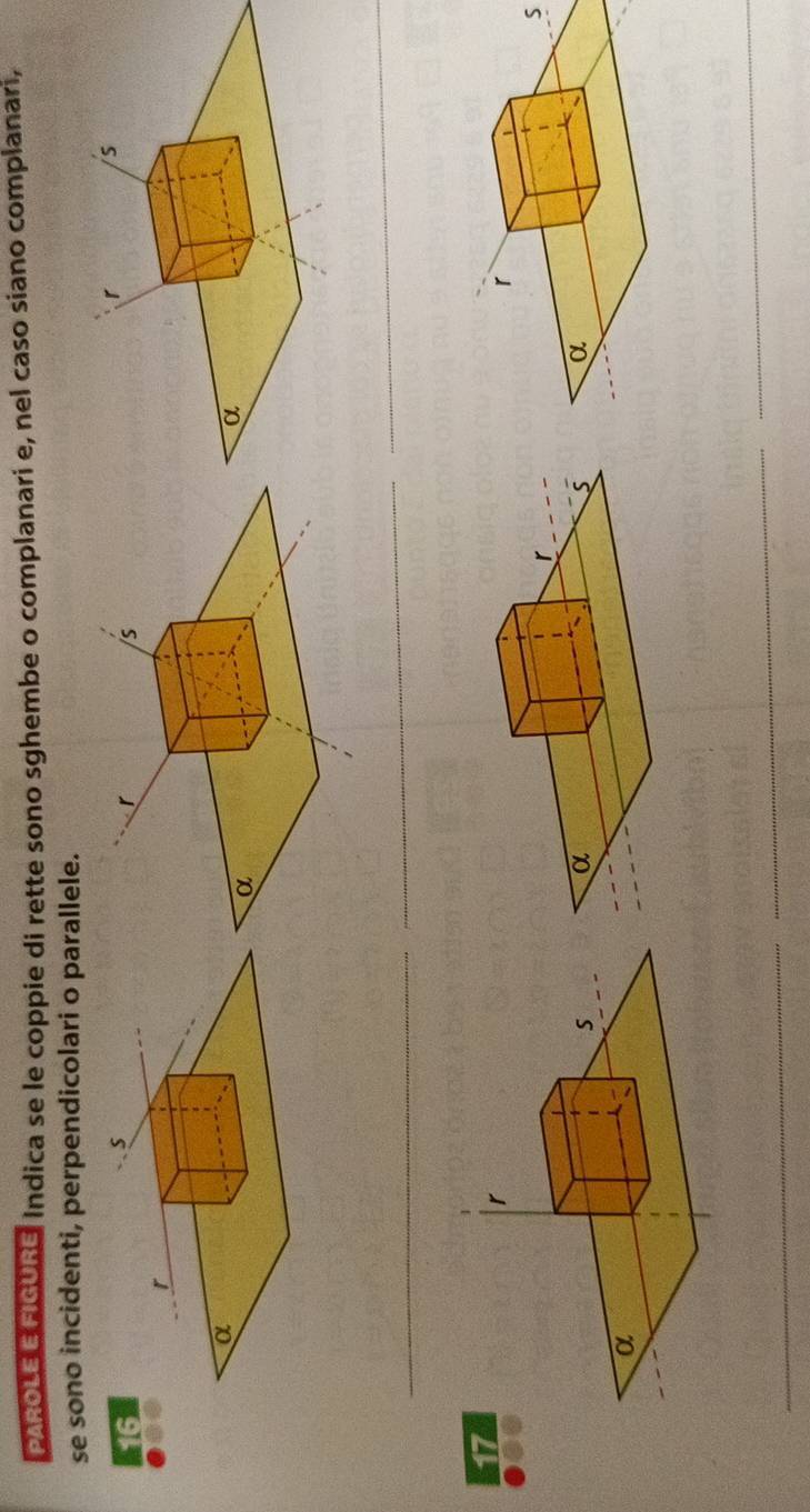 PAROLE E FIGURE Indica se le coppie di rette sono sghembe o complanari e, nel caso siano complanari, 
se sono incidenti, perpendicolari o parallele. 
16 
_ 
_ 
_ 
17 
S 
_ 
_ 
_