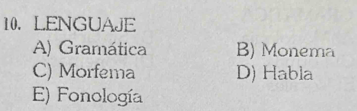 LENGUAJE
A) Gramática B) Monema
C) Morfema D) Habla
E) Fonología