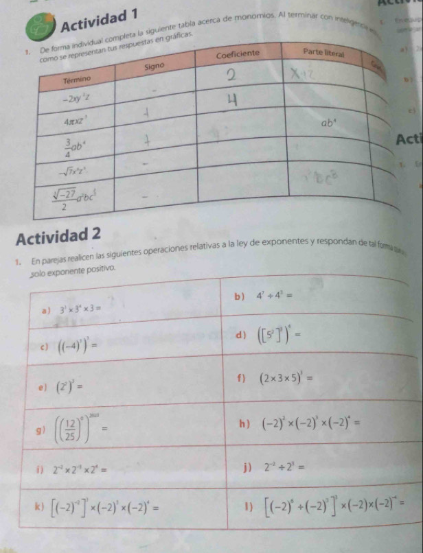 Actividad 1
Enequp
a la siguiente tabla acerca de monomios. Al terminar con inteligens e
as.
2
ti
Actividad 2
1. En parejas realicen las siguientes operaciones relativas a la ley de exponentes y respondan de tal formi tur