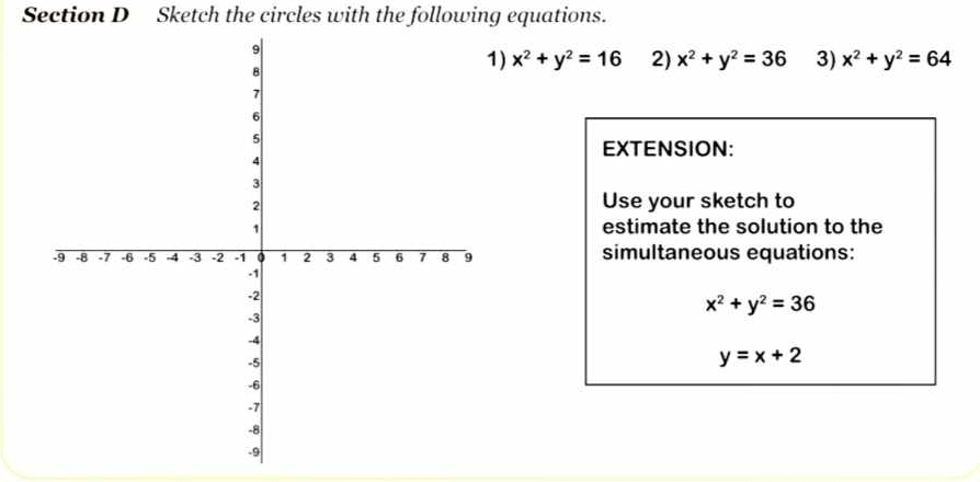 Sketch the circles with the following equations. 
) x^2+y^2=16 2) x^2+y^2=36 3) x^2+y^2=64
EXTENSION: 
Use your sketch to 
estimate the solution to the 
simultaneous equations:
x^2+y^2=36
y=x+2