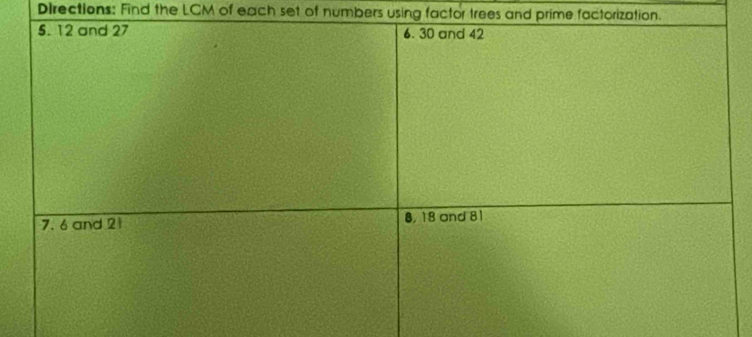 Directions: Find the LCM of each set of numbers using factor trees and prime factorization.