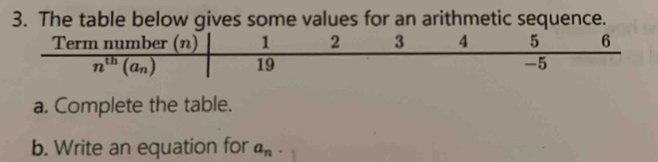 The table below gives some values for an arithmetic sequence.
a. Complete the table.
b. Write an equation for a_n