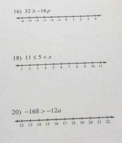 32≥ -16p
18) 11≤ 5+x
20) -168>-12a