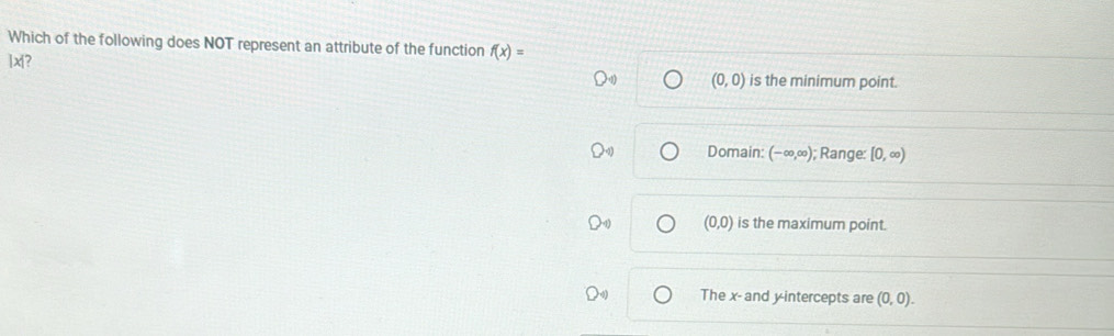 Which of the following does NOT represent an attribute of the function f(x)=
1xi?
(0,0) is the minimum point.
Domain: (-∈fty ,∈fty ) ); Range: [0,∈fty )
(0,0) is the maximum point.
The x - and y-intercepts are (0,0).