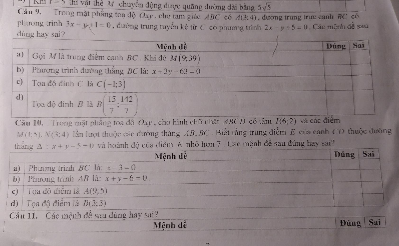 Kn1 t=5 thi vật thể Mỹ chuyển động được quãng đường dài bằng 5sqrt(5)
Câu 9. Trong mặt phăng toạ độ Oxy , cho tam giác ABC có A(3;4) , đường trung trực cạnh BC có
phương trình 3x-y+1=0 , đường trung tuyến kẻ từ C có phương trình 2x-y+5=0
đúng  . Các mệnh đề sau
Câu 10. Trong mặt phăng toạ độ Oxy , cho hình chữ nhật ABCD
M(1;5),N(3;4) lần lượt thuộc các đường thẳng AB, BC . Biết rằng trung điểm E của cạnh CD thuộc đường
A· và hoành độ của điểm E nhỏ hơn 7 . Các mệnh đề sau đúng hay sai?
Mệnh đề Đúng Sai