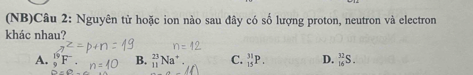 (NB)Câu 2: Nguyên tử hoặc ion nào sau đây có số lượng proton, neutron và electron
khác nhau?
A. _9^((19)F^-) B. Na⁺ C. _(15)^(31)P. D. _(16)^(32)S.