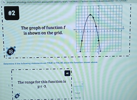 #2
The graph of function f
is shown on the grid.
18
Determine if the following statements are TRUE or FALSE about the function shown above.
a2
The range for this function is
y≤ -3.
TRUE
FALSE