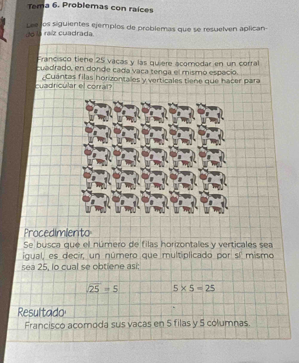 Tema 6. Problemas con raíces 
Lee los siguientes ejemplos de problemas que se resuelven aplican- 
do la raíz cuadrada. 
Francisco tiene 25 vacas y las quiere acomodar en un corral 
cuadrado, en donde cada vaca tenga el mismo espacío. 
¿Cuántas filas horizontales y verticales tiene que hacer para 
cuadricular el corral? 
Procedimiento 
Se busca que el número de filas horizontales y verticales sea 
igual, es decir, un número que multiplicado por sí mismo 
sea 25, lo cual se obtiene así:
sqrt(25)=5
5* 5=25
Resultado: 
Francisco acomoda sus vacas en 5 filas y 5 columnas.