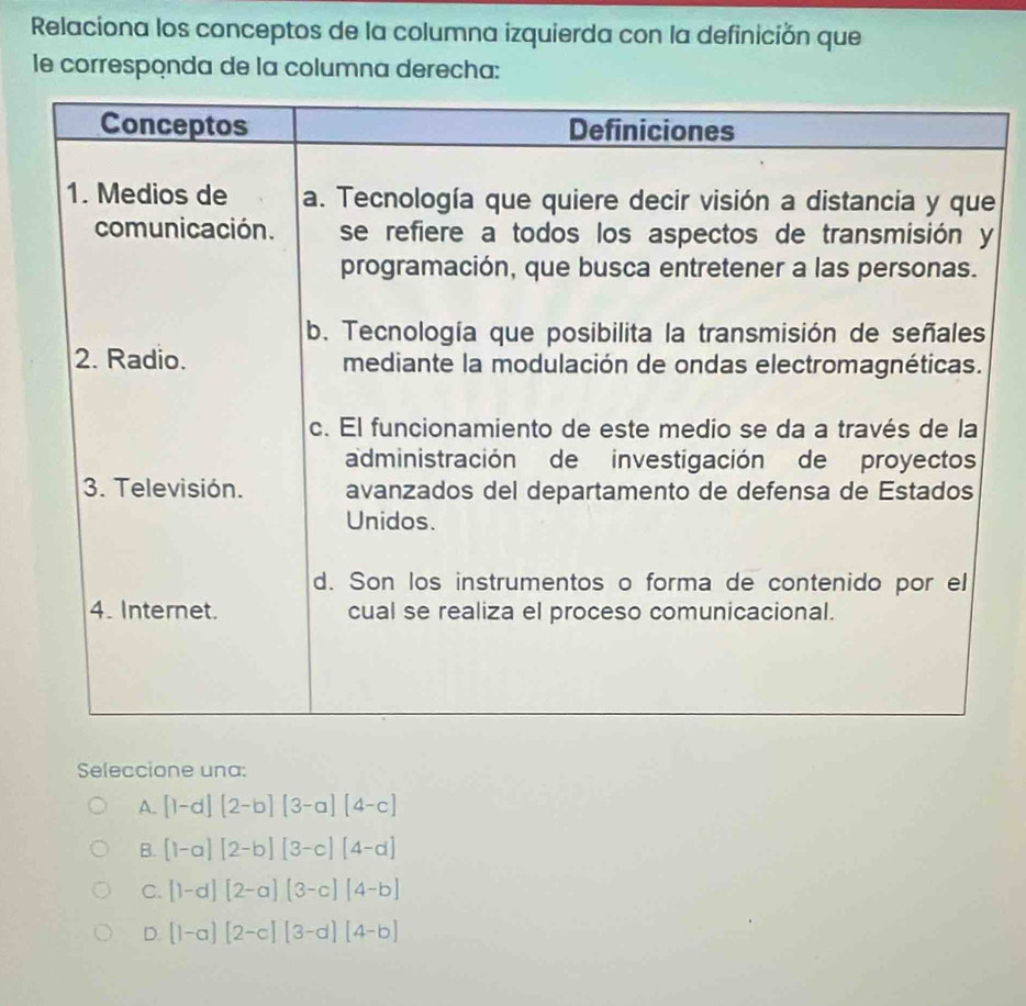 Relaciona los conceptos de la columna izquierda con la definición que
le corresponda de la columna derecha:
Seleccione una:
A. [1-d][2-b][3-a][4-c]
B. [1-a][2-b][3-c][4-d]
C. [1-d][2-a][3-c][4-b]
D. [1-a][2-c][3-d][4-b]