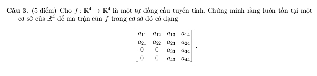 Cho f:R^4to R^4l một tự đồng cấu tuyến tính. Chứng minh rằng luôn tồn tại một 
cơ sở ciaR^4 để ma trận của f trong cơ sở đó có dạng
beginbmatrix a_11&a_12&a_13&a_14 a_21&a_22&a_23&a_34 0&0&a_33&a_44endbmatrix.