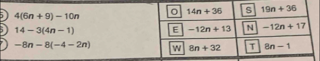 4(6n+9)-10n
b 14-3(4n-1)
-8n-8(-4-2n)