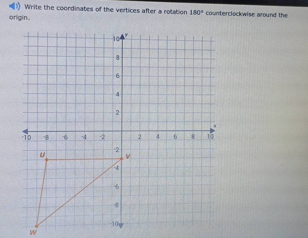 Write the coordinates of the vertices after a rotation 180° counterclockwise around the 
origin.
10
y
8
6
4
2
×
-10 -8 -6 -4 -2 2 4 6 8 10
-2
U
v
-4
-6
-8
-10
W