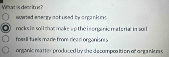 What is detritus?
wasted energy not used by organisms
rocks in soil that make up the inorganic material in soil
fossil fuels made from dead organisms
organic matter produced by the decomposition of organisms