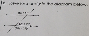 Solve for x and y in the diagram below.