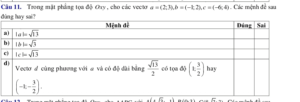 Trong mặt phẳng tọa độ Oxy , cho các vectơ a=(2;3),b=(-1;2),c=(-6;4). Các mệnh đề sau
đúhay sai?
(1sqrt(2).1 n(0,2) sqrt(2). 4^(_ 1)