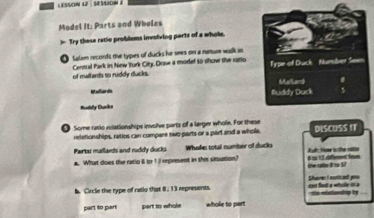 LES5ON 12 SESSION 2
Model It: Parts and Wholes
Try these retio problems involving parts of a whole,
O Salam records the types of ducks he sees on a nature walk in
Central Park in New York City, Draw a model to show the ranio
of mallards to ruddy ducks. Type of Duck Number Sees
Malland
Mellarás Ruddy Duck 5
Ruddy Ducks
Some ratio relationships involve parts of a larger whole. For these
relationships, ratios can compare two parts or a part and a whole. DISCUSS IT
Partai mallards and ruddy ducks Wholes total number of ducks Ask: Hoer is the calio
a. What does the ratio il to 1 represent in this situation? à uu 13 sééfemment éoem
the ratio It no 5?
duure: A narticedl you
b. Circle the type of ratio that 8:13 represents can find a whole in a
nto mistionship by
part to part part to whole whole to part