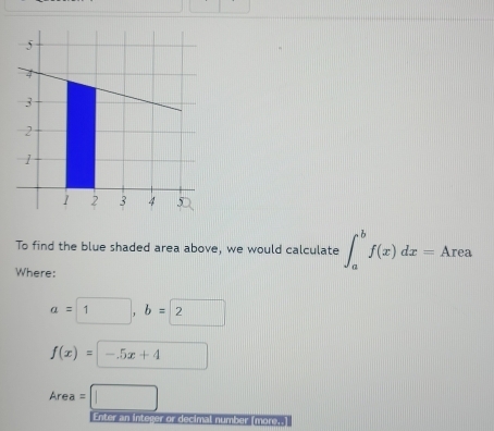 To find the blue shaded area above, we would calculate ∈t _a^bf(x)dx=Area
Where:
a=1, b=2
f(x)=-.5x+4
Area=□
Enter an integer or decimal number (more,.]