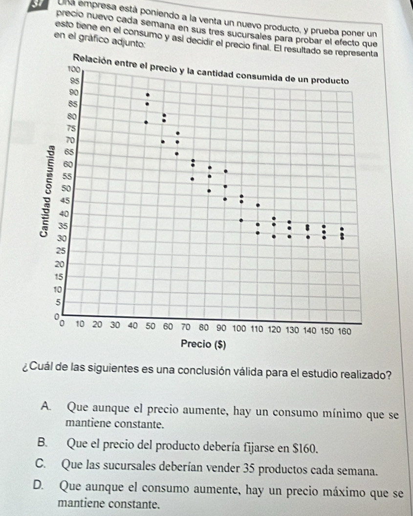 Una empresa está poniendo a la venta un nuevo producto, y prueba poner un
precio nuevo cada semana en sus tres sucursales para probar el efecto que
en el gráfico adjunto:
esto tiene en el consumo y así decidir el precio final. El resultado se representa
100
Relación entre el precio y la cantidad consumida de un producto
95
90
85
80
75
70
65
60
55
50
45
8 30
40
35
25
20
15
10
5
10 20 30 40 50 60 70 80 90 100 110 120 130 140 150 160
Precio ($)
¿Cuál de las siguientes es una conclusión válida para el estudio realizado?
A. Que aunque el precio aumente, hay un consumo mínimo que se
mantiene constante.
B. Que el precio del producto debería fijarse en $160.
C. Que las sucursales deberían vender 35 productos cada semana.
D. Que aunque el consumo aumente, hay un precio máximo que se
mantiene constante.