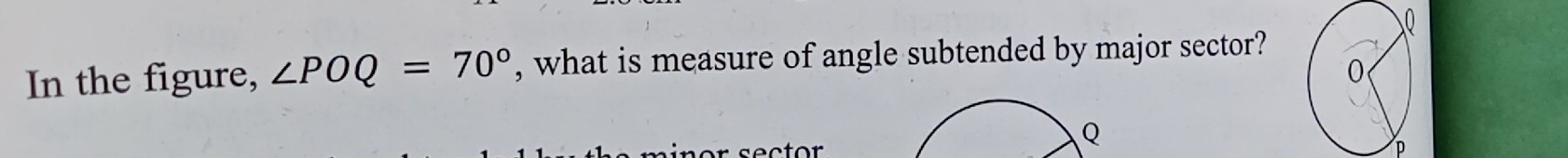 In the figure, ∠ POQ=70° , what is measure of angle subtended by major sector?
n o r s ec t or P