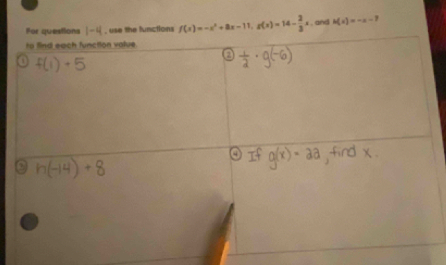 f(x)=-x^2+8x-11,g(x)=14- 2/3 x , and h(x)=-x-7