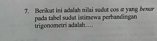 Berikut ini adalah nilai sudut cos α yang benar 
pada tabel sudut istimewa perbandingan 
trigonometri adalah…