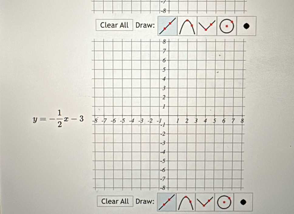 Clear All Draw:
y=- 1/2 x-3
Clear All Draw: