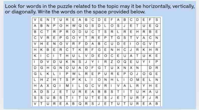 Look for words in the puzzle related to the topic may it be horizontally, vertically, 
or diagonally. Write the words on the space provided below.