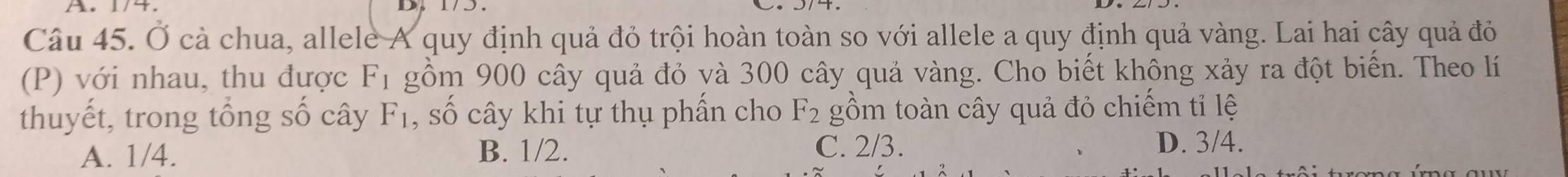 Ở cả chua, allele A quy định quả đỏ trội hoàn toàn so với allele a quy định quả vàng. Lai hai cây quả đỏ
(P) với nhau, thu được F_1 gồm 900 cây quả đỏ và 300 cây quả vàng. Cho biết không xảy ra đột biến. Theo lí
thuyết, trong tổng số cây F_1 , số cây khi tự thụ phần cho F_2 gồm toàn cây quả đỏ chiếm tỉ lệ
A. 1/4. B. 1/2.
C. 2/3. D. 3/4.