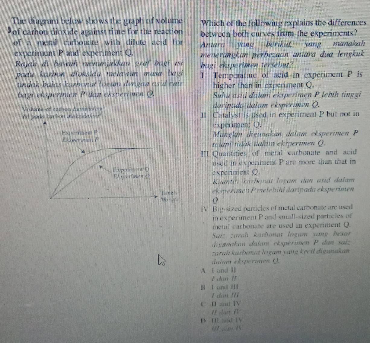 The diagram below shows the graph of volume Which of the following explains the differences
of carbon dioxide against time for the reaction between both curves from the experiments?
of a metal carbonate with dilute acid for Antara yang berikut, yang manakah
experiment P and experiment Q. menerɑngkan perbezaan antara dua lençkuk
Rajah di bawah menunjukkan graf bagi isi bagi eksperimen tersebut?
padu karbon dioksida melawan masa bagi l Temperature of acid in experiment P is
tindak balas karbonat logam dengan asid cair higher than in experiment Q.
bagi eksperimen P dan eksperimen Q. Suhu asid dalam eksperimen P lebíh tinggi
Volume of carbon dioxide/ cm³ daripada dalam eksperimen Q.
Ist padu karbon diokzidolem 1I Catalyst is used in experiment P but not in
experiment Q.
Mançkín digunakan dalam eksperimen 
tetapi tidak dalum eksperimen Q.
III Quantities of metal carbonate and acid
used in experiment P are more than that in
experiment Q.
Kuantiti karbonat lagam dan asid dalam
eksperimen P mełebihi daripada eksperimen
IV Big-sized particles of metal carbonate are used
in experiment P and small-sized particles of
metal carbonate are used in experiment Q.
Saiz zarah karbonai logam yang besar
digunakan dalam eksperimen P dan saíz
zarah karbonat logam yang kecil digunakan
dalam ekspérmen Q.
A I and lI
I dan II
B l and I
I dan III
C D] and IV
I dt IV
D. I and TV