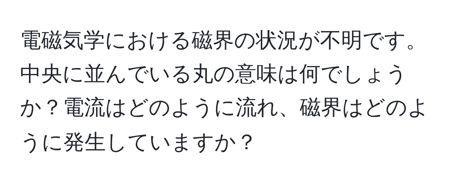 電磁気学における磁界の状況が不明です。中央に並んでいる丸の意味は何でしょうか？電流はどのように流れ、磁界はどのように発生していますか？