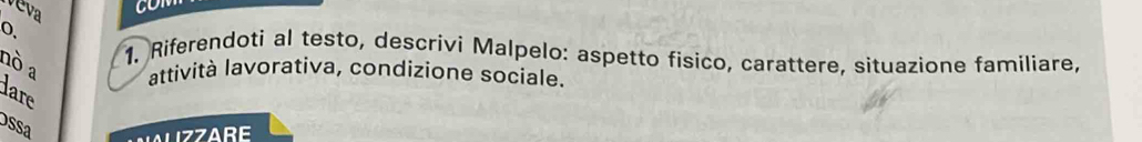 Veva 
0 
1. Riferendoti al testo, descrivi Malpelo: aspetto fisico, carattere, situazione familiare, 
nò a attività lavorativa, condizione sociale. 
lare 
Dssa LUZZARE