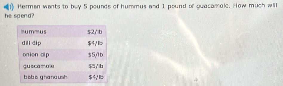 ) Herman wants to buy 5 pounds of hummus and 1 pound of guacamole. How much will 
he spend?