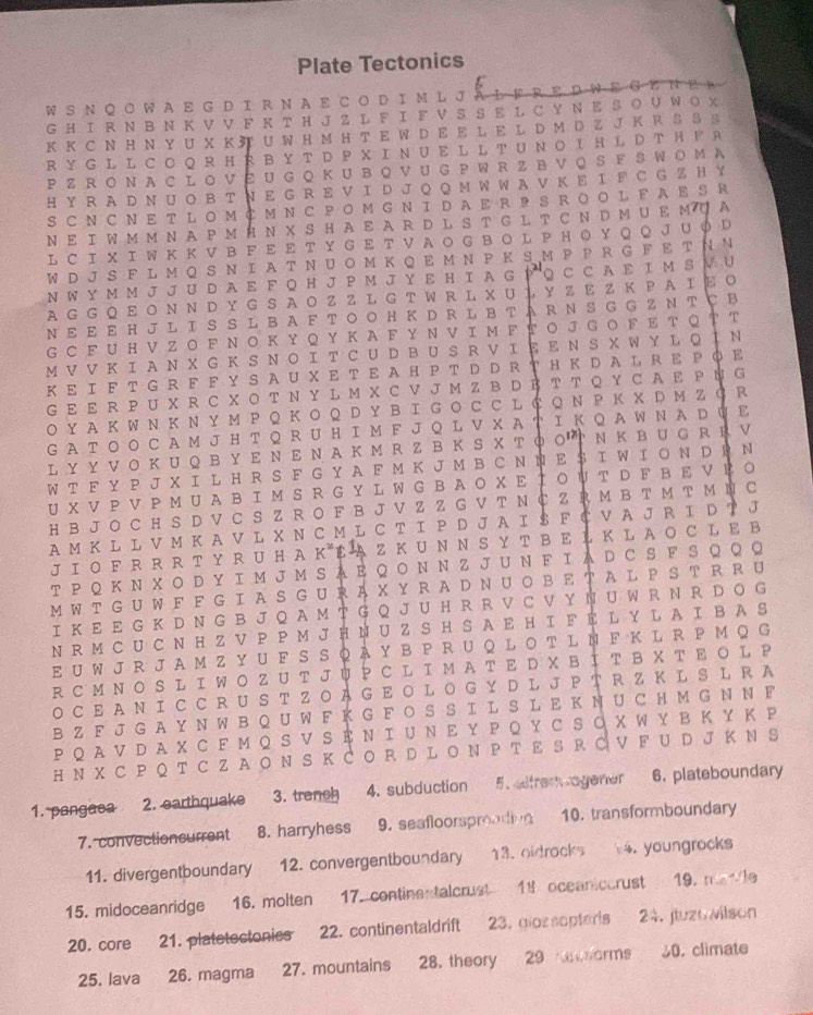 Plate Tectonics
WSΝ QO W A E G D IR N AE CO D IM L JALFR 12  n    n   E  G   E   N 1 
G H Ι R N B N Κ V V F Κ T H J Z L F Ι F V S S E L C Y Ν E S O U W Ο X
к Κ C N Η N Y U X K  U W H M H T E W D E E L E L D M D Z J Κ R S S S
R Y G L L C O Q R H R B Y T D P X Ι N U E L L T UN O I H L D T Η F R
P Z  R O N A  C  L O VΕU G Q K U B QV  U G P W R Z B V Q  S F  S  W Ο M A
H Y R A D N U Ο Β T Ν Ε G R E V Ι D J Ο Q M W W A V Κ Ε Ι F C G Z Η Y
SCN C Ν E T LOM ¢ M N C PΟM G Ν I DAE R ？ S ROO LFAΕ SR
Ν EΙ W M M N A Pм Η Ν X S HA E A R D L S T G L T C Ν D M U E Μ QA
L C Ι X Ι W Κ Κ V Β F  ΕΕ Τ Y G Ε Τ ν Α Ο G ΒΟ  L Ρ Η Ο Υ Q QJ U φD
W D J S F L M Q S N I A T N  U O M K Q E M N P  K SM P P R G F E T Ν Ν
N W y м м J Ju D a Ε F Q Η J P м J Y Ε Η I A G P Q с с A Ε I м S μ U
A G G Q E Ο N Ν D Y G S A O Z Z L G T W R L X U L Y Z E Z K P  AΙ Ε Ο
Ν Ε Ε E Η J L I S S L B A F T Ο Ο H K D R L B T A R N S G G Z N T C B
G C Ε U Η V  Z ΟF N Ο Κ YQ Υ Κ A Ε Y  Ν V  Ι м F Ε Ο J G Ο F Ε Τ Q T т
м V  V Κ Ι A Ν X G Κ S Ν Ο Ι TC U  D B U S R V Ι Ε ΕΝ S X W Y L Q ΙΝ
Κ ΕΙF T G R F F Y  S A U X Ε Τ Ε Α Η Ρ Τ D DR Τ Η Κ D A L R E ΡΟΕ
G E E R P U X R C X Ο T Ν Y L M X C V J M Z B D B T T Q Y C A E P N G
Ο Y A Κ W Ν Κ Ν Y м P Q Κ Ο Q D Y Β Ι G O C C L Ф Q Ν P Κ X D Μ Z Ф R
G A Τ Ο Ο C A M J Η Τ Q R U H I M F J Q L V X A Τ Ι Κ Q A W Ν A D Ú Ε
L Y Υ V Ο Κ U Q Β Υ Ε Ν Ε Ν A Κ м R Z Β Κ S X Τ φ Ο Ν Κ Β U G R R V
W T F Y P J X I L H R S F G Y A F M Κ J M B C N N E $ I W I Ο N D PN
U X V P V  P м U A ΒΙ MS R G Y L W G B A Ο X Ε T Ο ψ T D F Β Ε V Ρ Ο
H B J O C H S D V C S Z R O F B J V Z Z G V T N C Z R M B T M T M N C
A м Κ L L V M Κ A V L X N C M L C T I P D J A I S F Ç V A J R I D T J
J Ι ΟF R R R T Y R U H A Κ Ệ A Z ΚU Ν Ν S Y T B E L Κ L A Ο C L E B
T P Q Κ N X Ο D Y Ι M J M S A E Q Ο N Ν Z J U N F I A D C S F S Q Q Q
M W T G U W F F G I A S G U R A X Y RA D N U O  B E T A L P S T R  RU
I K E E G K D N G B J Q A M T G Q J U H R R V C V Y N U W R N R D O G
N R M CU C N H Z V P P M J H N U Z S H S A E H I F É L Y L A I B A S
E U W J R J A M Z Y U F S S Q A Y B P R U Q L O T L N F K L R P M Q G
R C M N O S L I W O Z U T J Ú P CL I M A T E D X Β Í T Β X Τ ΕΟ L P
O C E A N I C C R U  S T ZO A G E O L O G Y D L J P T R Z K L S L R A
B Z F J G A Y N W B Q U W F K G F O S S I L S L E K N U C H M G N N F
P Q A V D A X C F M Q S V S Ε Ν Ι U Ν Ε Y P Q Y C S Ο X W Y Β Κ Y Κ P
H N X C P Q T C Z A O N S K C O R D L O N P T E S R C V F U D J K N S
1. pangasa  2. earthquake 3. trench 4. subduction 5. altrem agener 6. plateboundary
7. convectionsurrent 8. harryhess 9. seafloorsproading 10. transformboundary
11. divergentboundary 12. convergentboundary 13. oidracks 4. youngrocks
15. midoceanridge 16. molten 17. contine talcrus 18 oceaniccrust 19. marle
20. core 21. platetectonies    22. continentaldrift 23.alor sopterts 24. jtuzowilson
25. lava 26. magma 27. mountains 28. theory 29  orms 30. climate