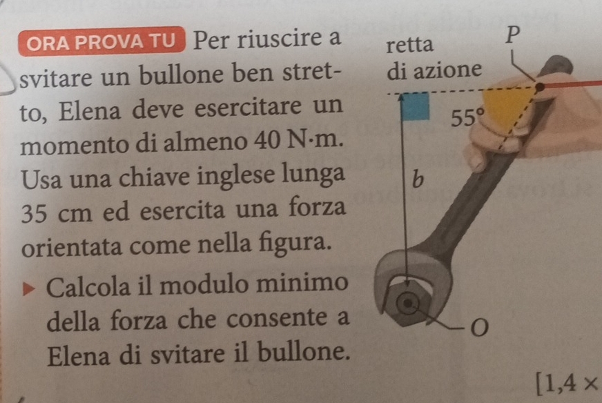 ORA PROva TU ) Per riuscire a 
svitare un bullone ben stret- 
to, Elena deve esercitare un
momento di almeno 40 N·m.
Usa una chiave inglese lunga 
35 cm ed esercita una forza
orientata come nella figura.
Calcola il modulo minimo
della forza che consente a
Elena di svitare il bullone.
[1,4*