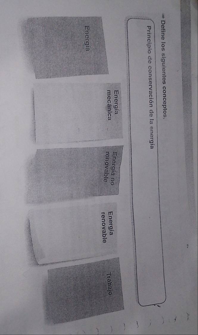 Define los siguientes conceptos.
Principio de conservación de la energía
Energía
Energía no Energía
mecánica renovable
renovable Trabajo
Energía