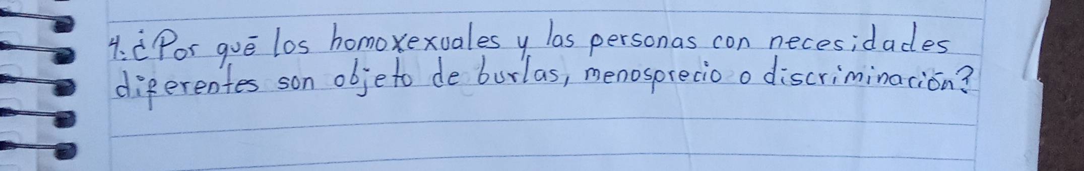 Por gue los homoxexuales y las personas con necesidades 
diferentes son objeto de burlas, menosprecioo discriminacion?