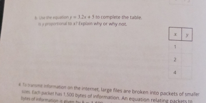 Use the equation y=3.2x+5 to complete the table. 
is y proportional to x? Explain why or why not. 
4 To transmit information on the internet, large files are broken into packets of smaller 
sizes. Each packet has 1,500 bytes of information. An equation relating packets to 
bytes of information is giv b y