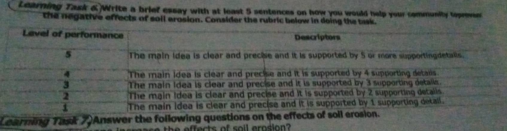 Learning Task &)Write a brief essay with at least 5 sentences on how you would help your community topreven. 
the negative effects of soll erosion. Consider the rubric below in doing the task. 
Learning Task 7 Answer the followin 
he effects of sail erosion ?