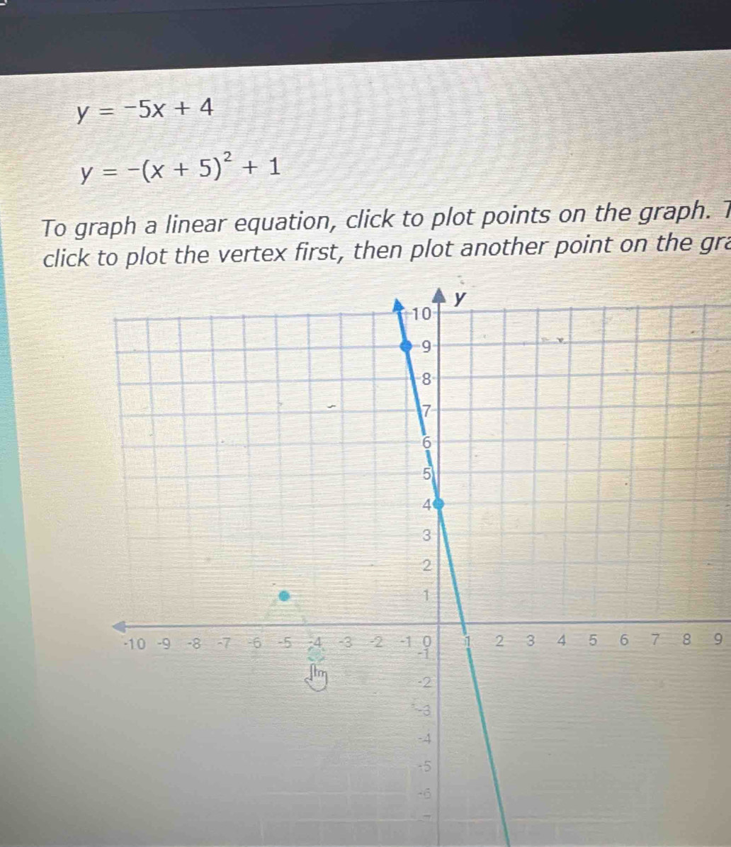 y=-5x+4
y=-(x+5)^2+1
To graph a linear equation, click to plot points on the graph. T
click to plot the vertex first, then plot another point on the gra
9