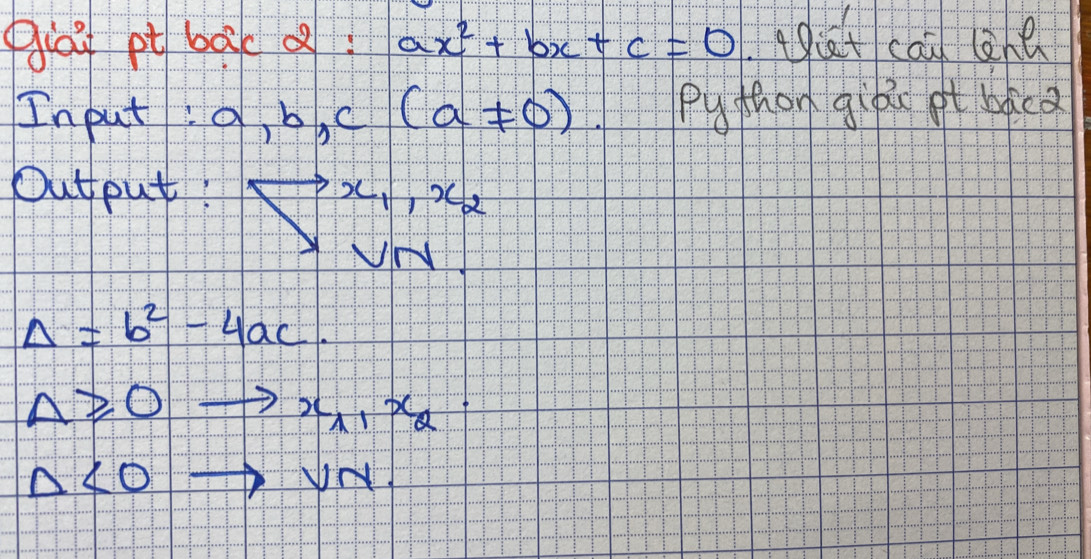 glay pt bac Q ax^2+bx+c=0 ài caù ane 
In put! a, b, c (a!= 0) Py thon giòi ot bácz 
Out put! to x_1· x_2
NN
Delta =b^2-4ac.
Delta ≥slant 0 to x_A1x_Q
△ <0</tex> 
V∩