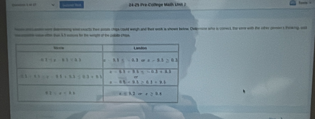 Qoeroise à 4à 2ª V Satt that  24-25 Pre-College Math Unit 2
homean amen wre dmning wnsresacty their parala chips could weigh and their wolk is shown below. Delermine who is comect, ther enorwith the other prmon s thinking, it
mte csue-oftter tan. 6.5 eutoes for the weight of the pabalo chips