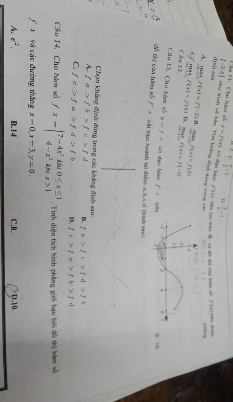 C  e/2 -1 D  3/e -1
Cầu 11. Cho hàm số y=f(x) có đạo hám f'(x) liên tục trên R và đồ thị của hàm số f'(s)
dịnh sau.
[-2;6] như hình vẽ bên. Tìm khẳng định đùng trong các
khảng
A. max_xf(x)=f(-2) B. maxf(x)=f(2)
c/ maxfbeginarrayr max xe[-2.61f(x)=f(6) D, maxf(x)=f(-1)
Câu 12.
Câu 13. Cho hàm số y=fxcc 5 đạo hàm f'xtren
và
đồ thị của hàm số f'x cắt trục hoành tại điểm a, b, c, d (hinh sau)
Chọn khẳng định đúng trong các khẳng định sau:
A. fa>fb>fc>fd.
B. fa>fc>fd>fb
C. fc>fa>fd>fb.
D. fc>fa>fb>fd. 
Câu 14. Cho hàm số fx=beginarrayl 7-4x^3khi0≤ x≤ 1 4-x^2khix>1endarray.. Tính diện tích hình phẳng giới hạn bởi đồ thị hàm số
f x và các đường thắng x=0, x=3, y=0.
A. e^2. B. 14 C. 8. D. 10.